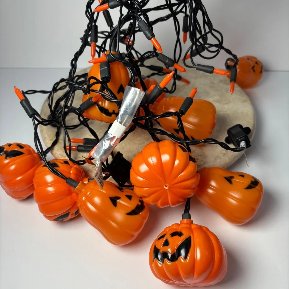 VTG Halloween Pumpkin Jack-O-Lantern‎ String Lights Orange Black Plug-in Decor